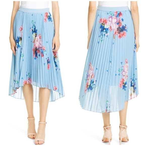 NWT Ted Baker Harrpa Raspberry Ripple Asymmetrical Pleated Skirt Blue Sz 4 L - Picture 1 of 13